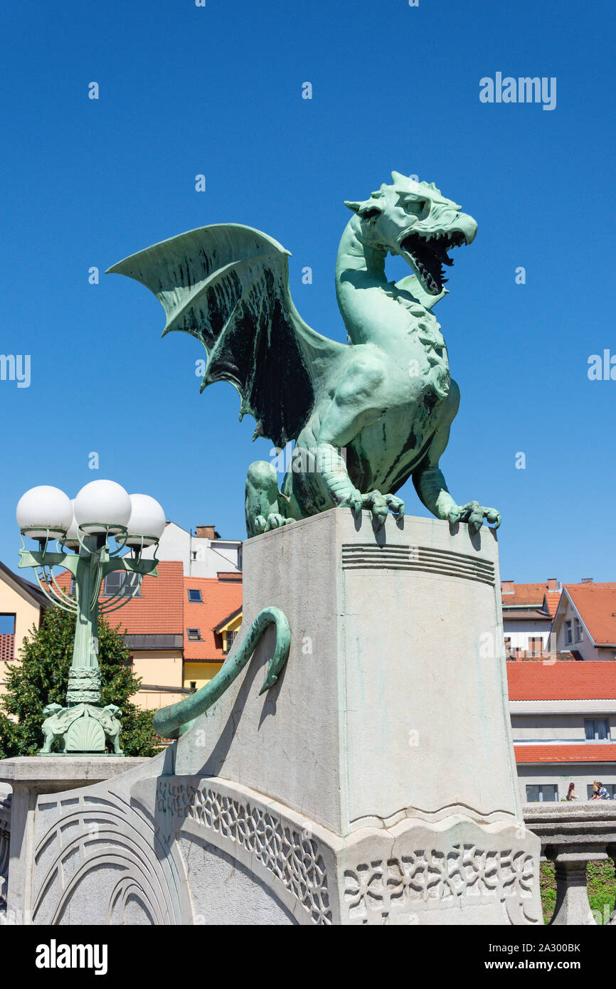Dragon Statue on The Dragon Bridge, Old Town, Ljubljana, Slovenia Stock Photo
