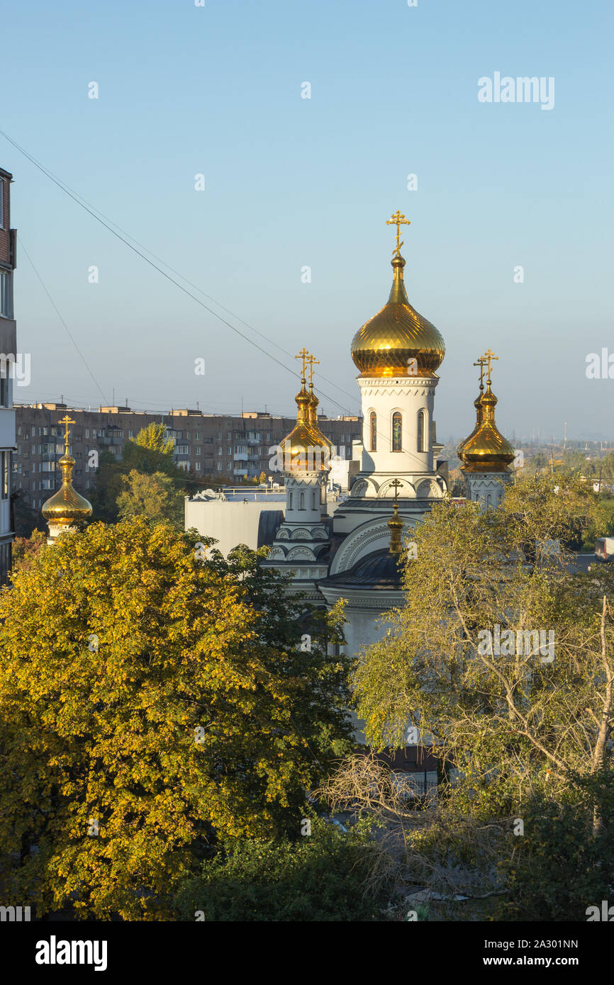 Donetsk, Ukraine, October 3, 2019 year. Trinity Cathedral, Russian Orthodox Church, Moscow Patriarchate. Day time. Stock Photo