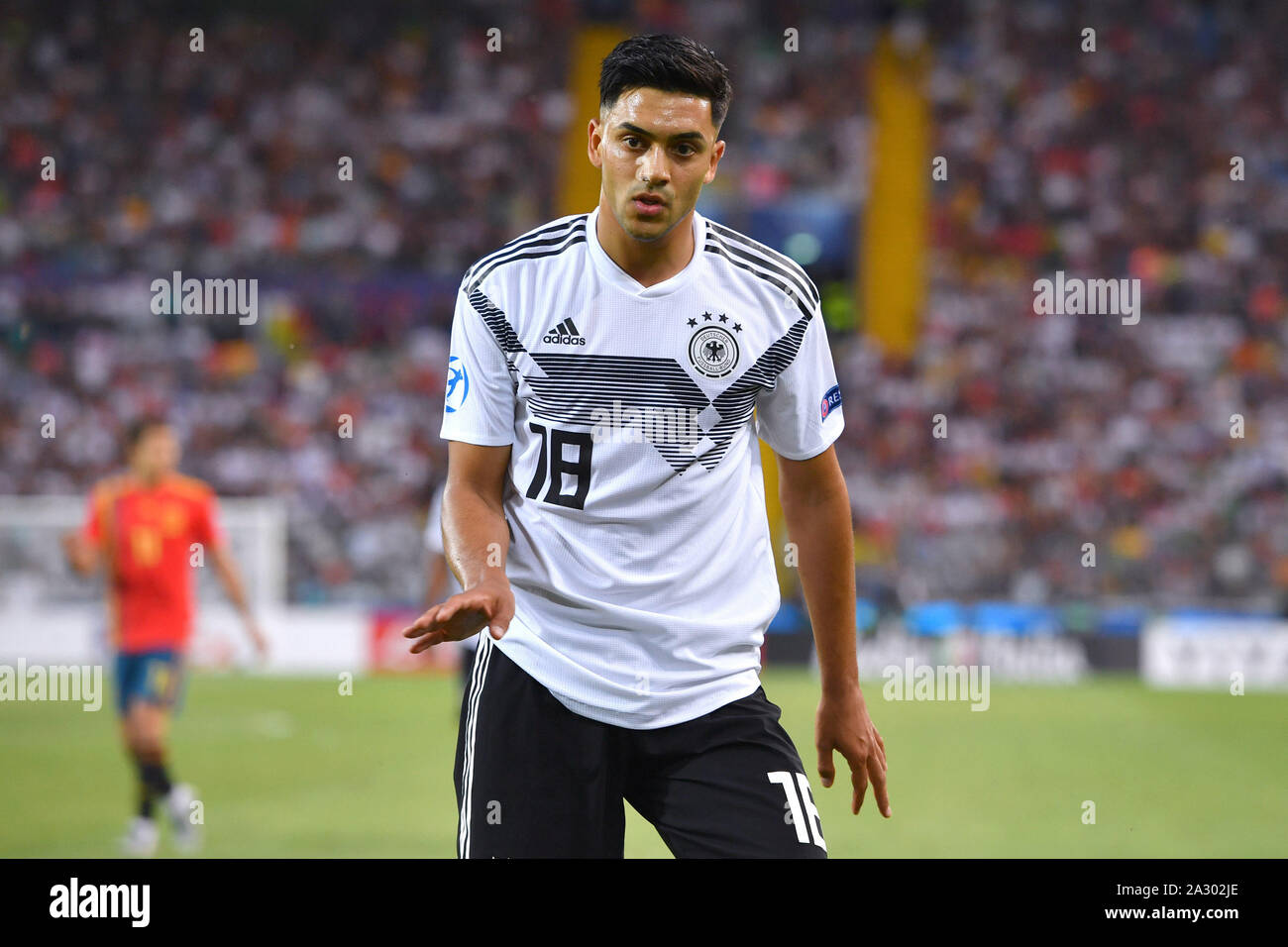 Udine, Italien. 04th Oct, 2019. Nadiem Amiri (Bayer 04 Leverkusen) is in the squad for the first time, archival photo; Nadiem AMIRI (GER), gesture, action, single image, single cut motive, half figure, half figure. Spain (ESP) - Germany (GER) 2-1, at 30.06.2019 Stadio Friuli Udine. Football U-21, FINALE UEFA Under21 European Championship in Italy/SanMarino from 16.-30.06.209. | Usage worldwide Credit: dpa/Alamy Live News Stock Photo