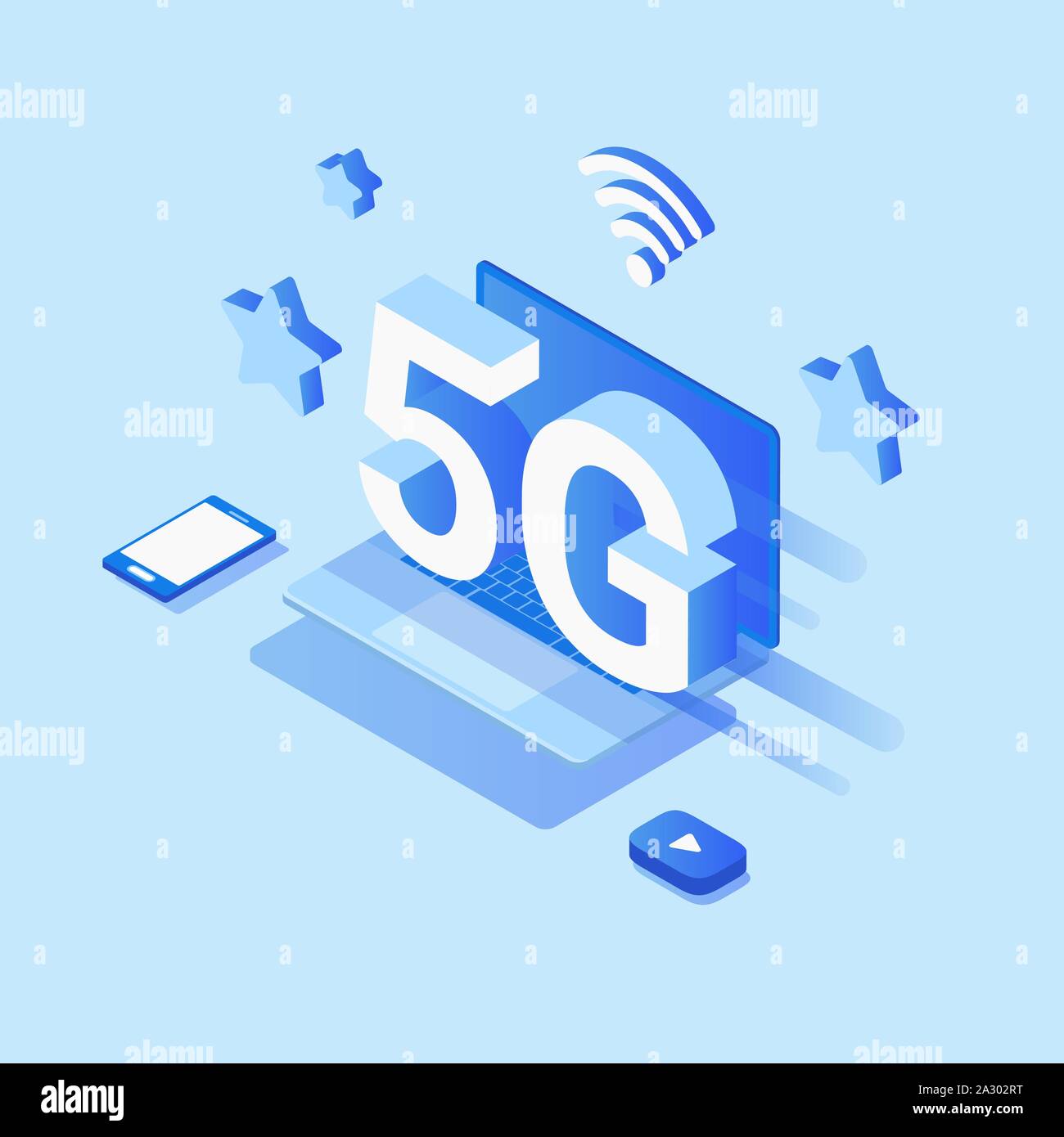 Creative 5G network wireless technology vector concept isometric smartphone with high speed internet. Using digital devices Stock Vector