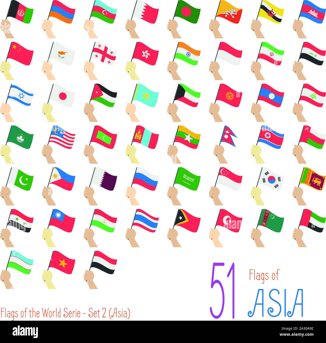 Set of 51 flags of Asia. Hand raising the national flags of 51 countries of Asia. Icon set Vector Illustration. Stock Vector