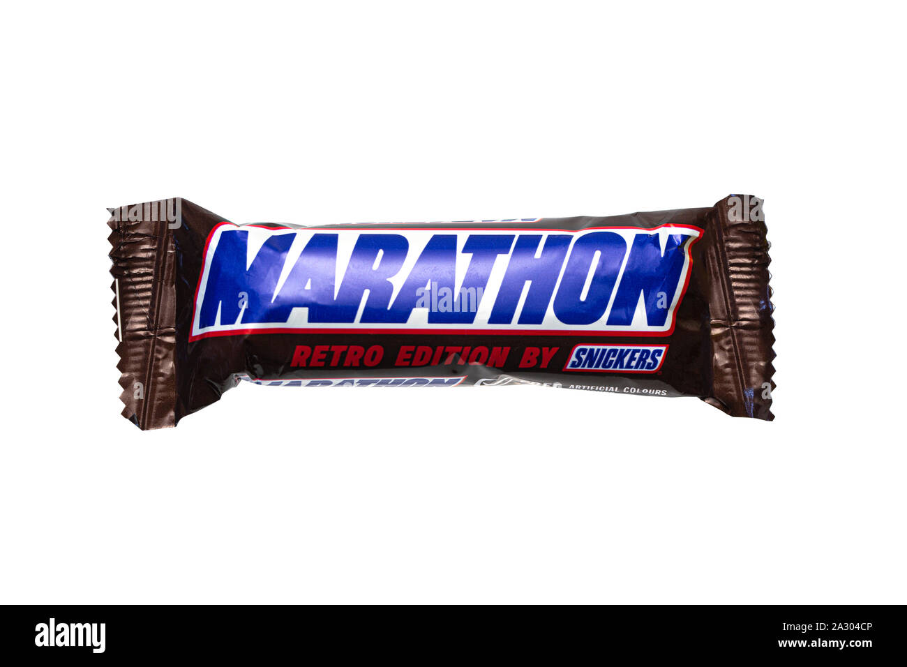 SWINDON, UK - OCTOBER 2, 2019: Marathon Reto edition by Snickers  chocolate  bar on a white background Stock Photo