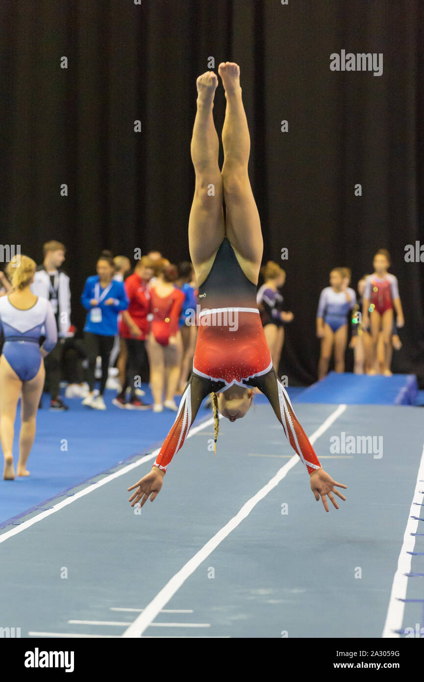 Birmingham, England, UK. 28 September 2019. Lucy Aston (Durham City Gymnastics Club) in action during the Trampoline, Tumbling and DMT British Championship Qualifiers at the Arena Birmingham, Birmingham, UK. Stock Photo