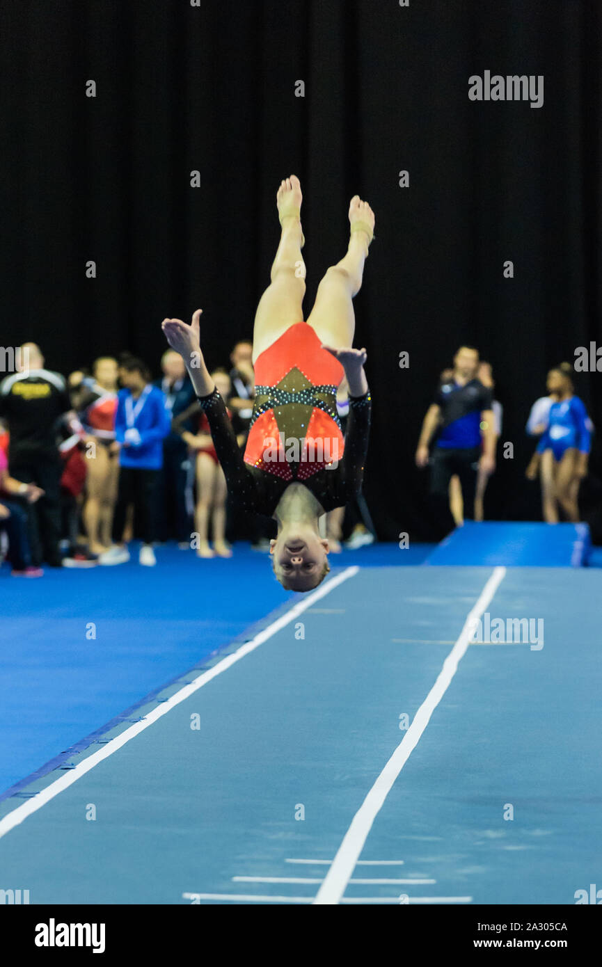 Birmingham, England, UK. 28 September 2019. Sophie Brown (Dynamite Gymnastics Club) in action during the Trampoline, Tumbling and DMT British Championship Qualifiers at the Arena Birmingham, Birmingham, UK. Stock Photo