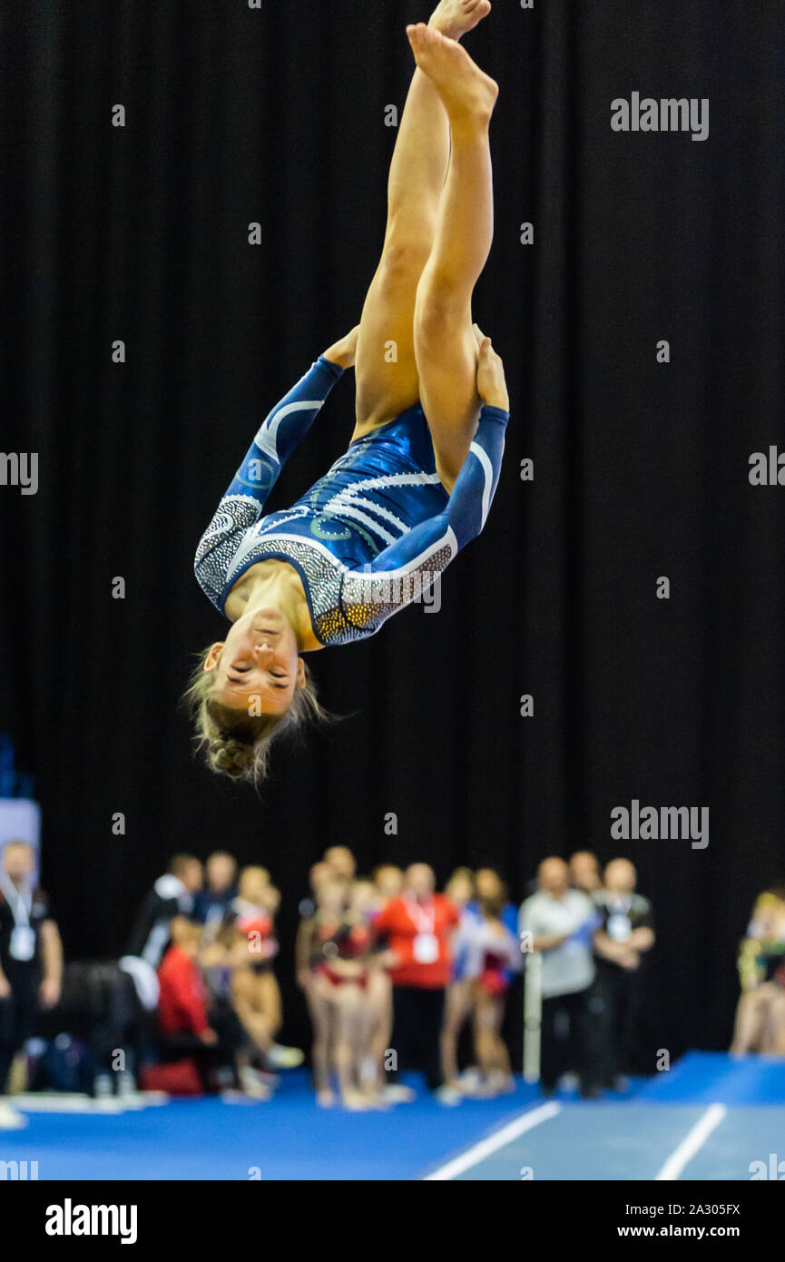Birmingham, England, UK. 28 September 2019. Darci Tierney (Sapphire Gymnastics Club) in action during the Trampoline, Tumbling and DMT British Championship Qualifiers at the Arena Birmingham, Birmingham, UK. Stock Photo