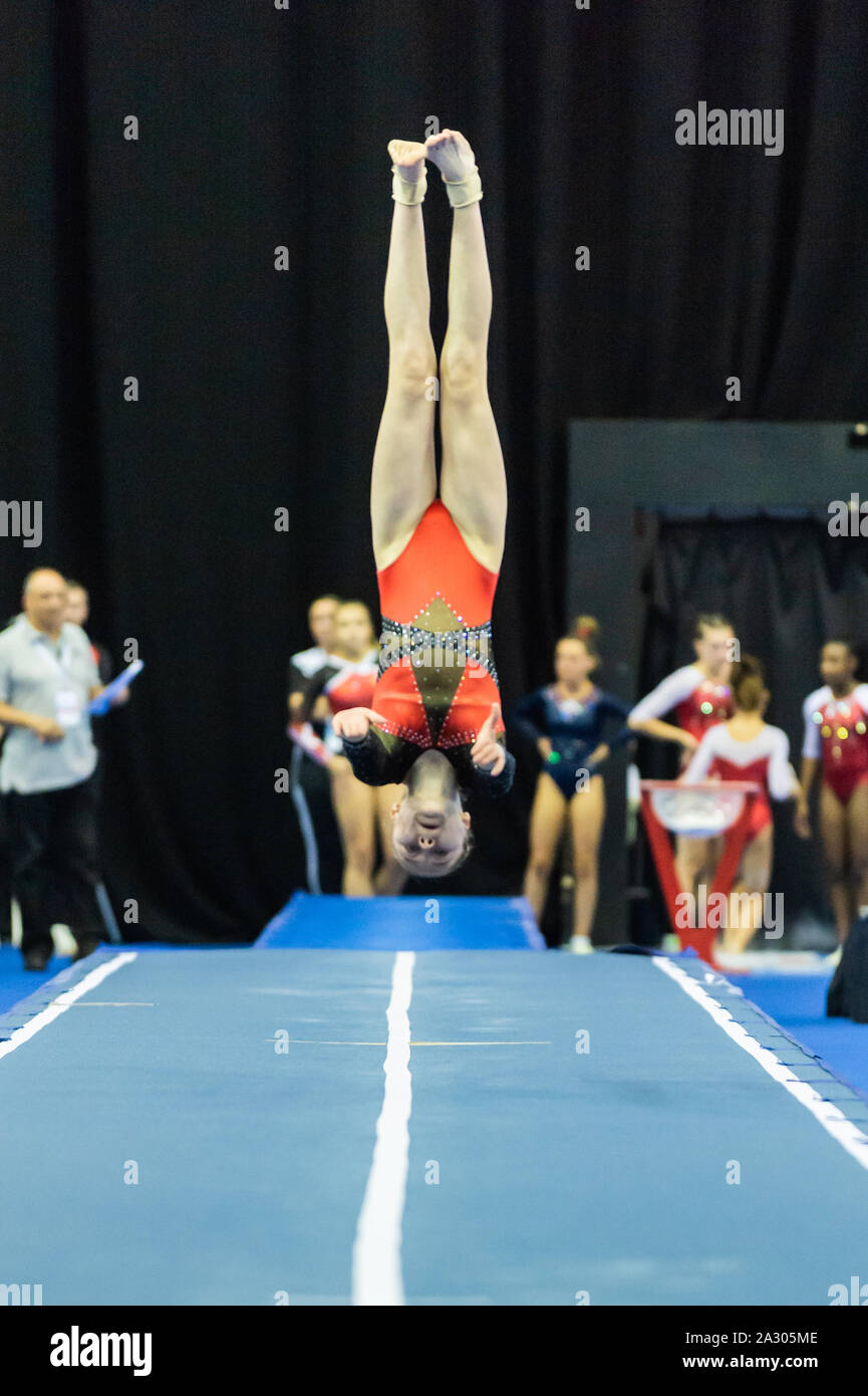Birmingham, England, UK. 28 September 2019. Rachel Auld (Dynamite Gymnastics Club) in action during the Trampoline, Tumbling and DMT British Championship Qualifiers at the Arena Birmingham, Birmingham, UK. Stock Photo