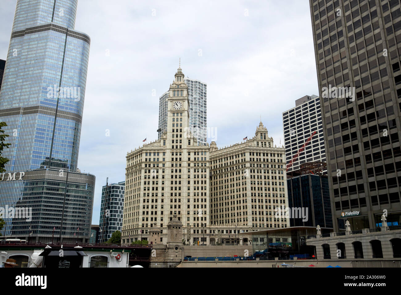 the older architecture wrigley building between the trump tower and equitable building chicago illinois united states of america Stock Photo