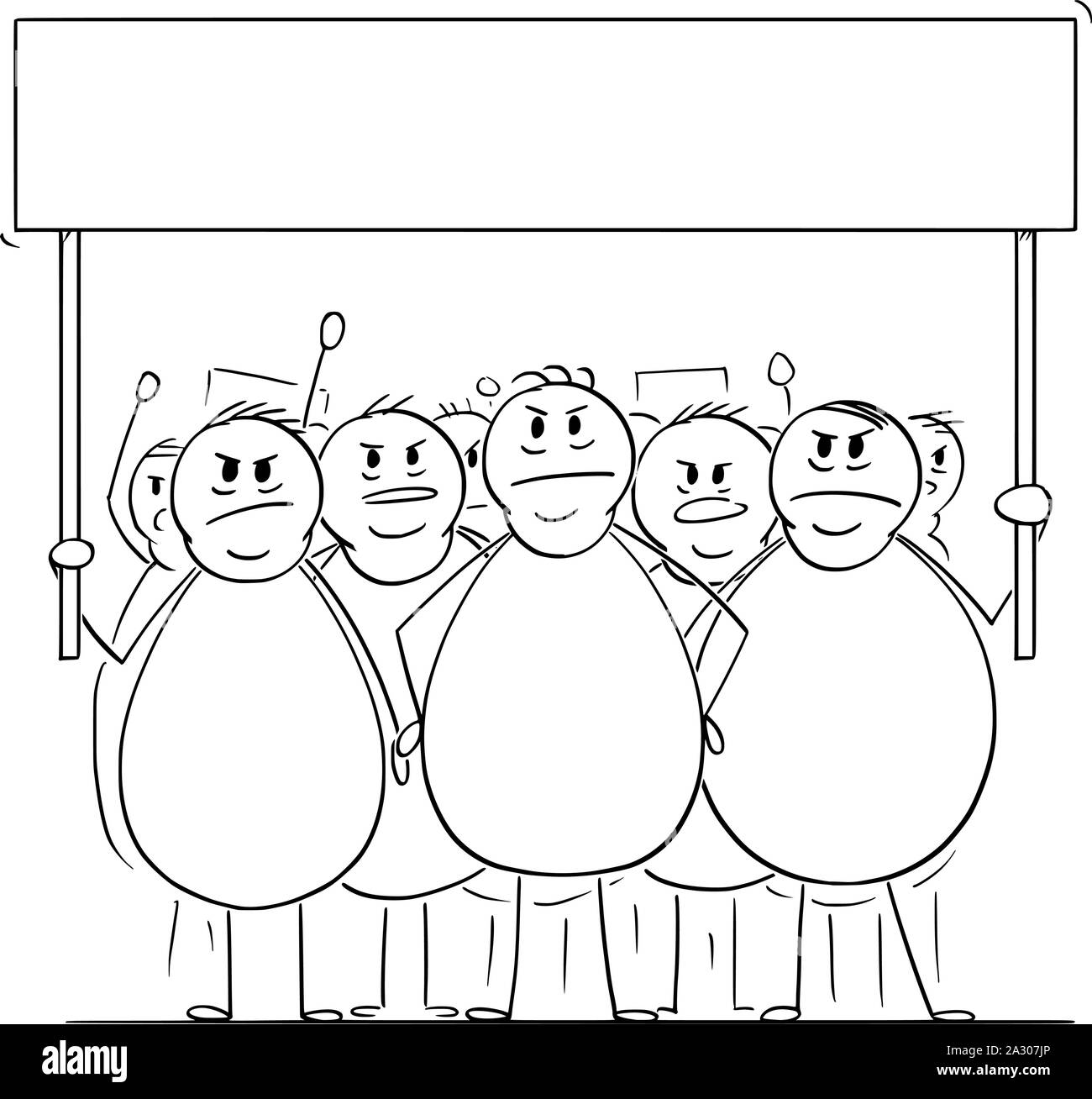 Vector cartoon stick figure drawing conceptual illustration of group of angry overweight or fat men or people on demonstration demonstrating with empty sign. Concept of health, consumerism and sustainability. Stock Vector