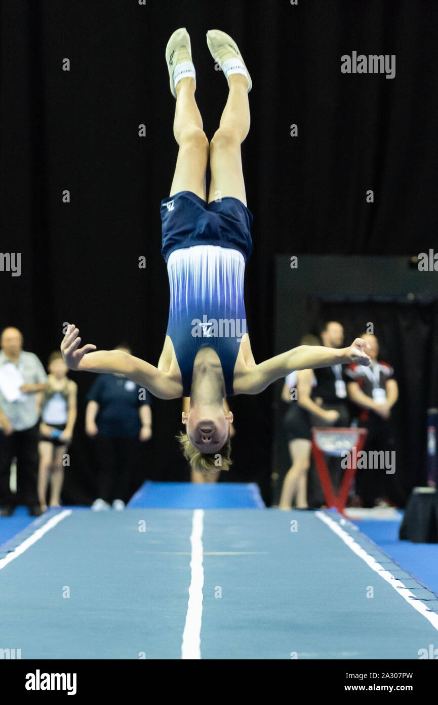 Birmingham, England, UK. 28 September 2019. Adam Horne (Wakefield Gymnastics Club) in action during the Trampoline, Tumbling and DMT British Championship Qualifiers at the Arena Birmingham, Birmingham, UK. Stock Photo