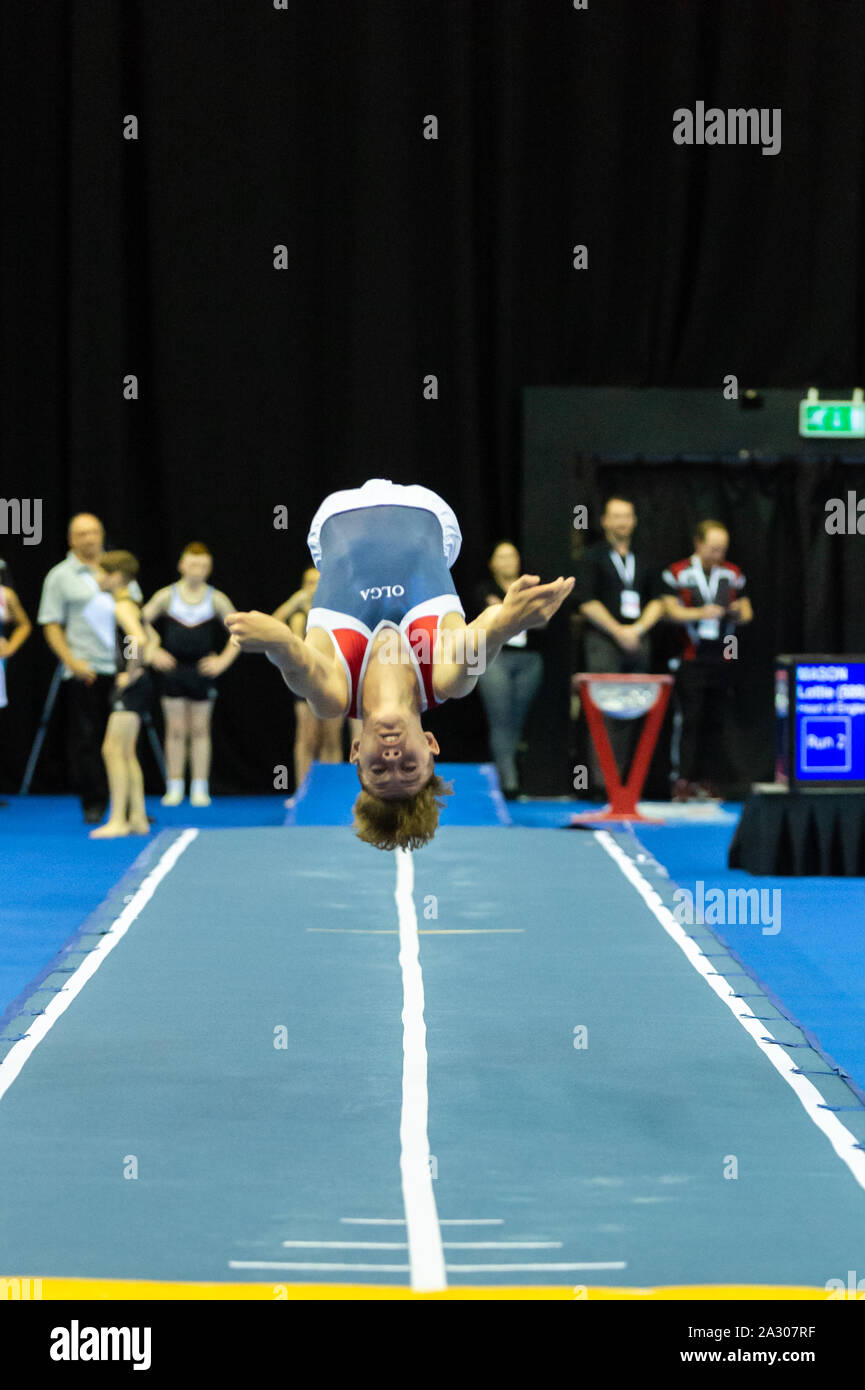 Birmingham, England, UK. 28 September 2019. Ben Collington-Mears (OLGA Poole) in action during the Trampoline, Tumbling and DMT British Championship Qualifiers at the Arena Birmingham, Birmingham, UK. Stock Photo