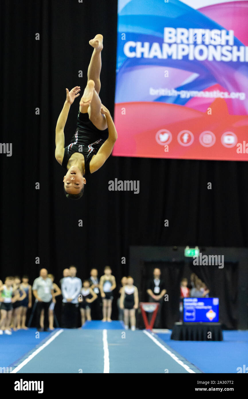 Birmingham, England, UK. 28 September 2019. Lewis McCoy (Andover Gymnastics Club) in action during the Trampoline, Tumbling and DMT British Championship Qualifiers at the Arena Birmingham, Birmingham, UK. Stock Photo