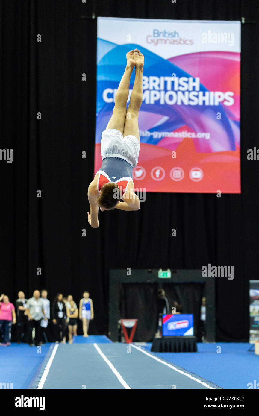 Birmingham, England, UK. 28 September 2019. Ben Collington-Mears (OLGA Poole) in action during the Trampoline, Tumbling and DMT British Championship Qualifiers at the Arena Birmingham, Birmingham, UK. Stock Photo