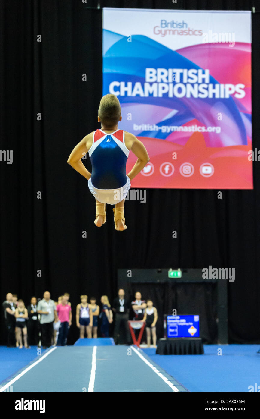 Birmingham, England, UK. 28 September 2019. Harry Donnelly (OLGA Poole) in action during the Trampoline, Tumbling and DMT British Championship Qualifiers at the Arena Birmingham, Birmingham, UK. Stock Photo