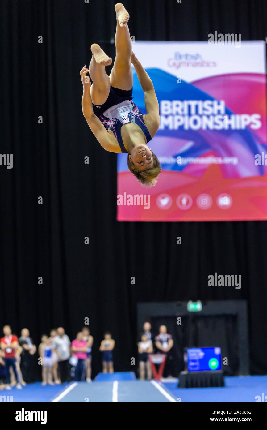 Birmingham, England, UK. 28 September 2019. Alistair Nightingale Spelthorne Gymnastics Club) in action during the Trampoline, Tumbling and DMT British Championship Qualifiers at the Arena Birmingham, Birmingham, UK. Stock Photo