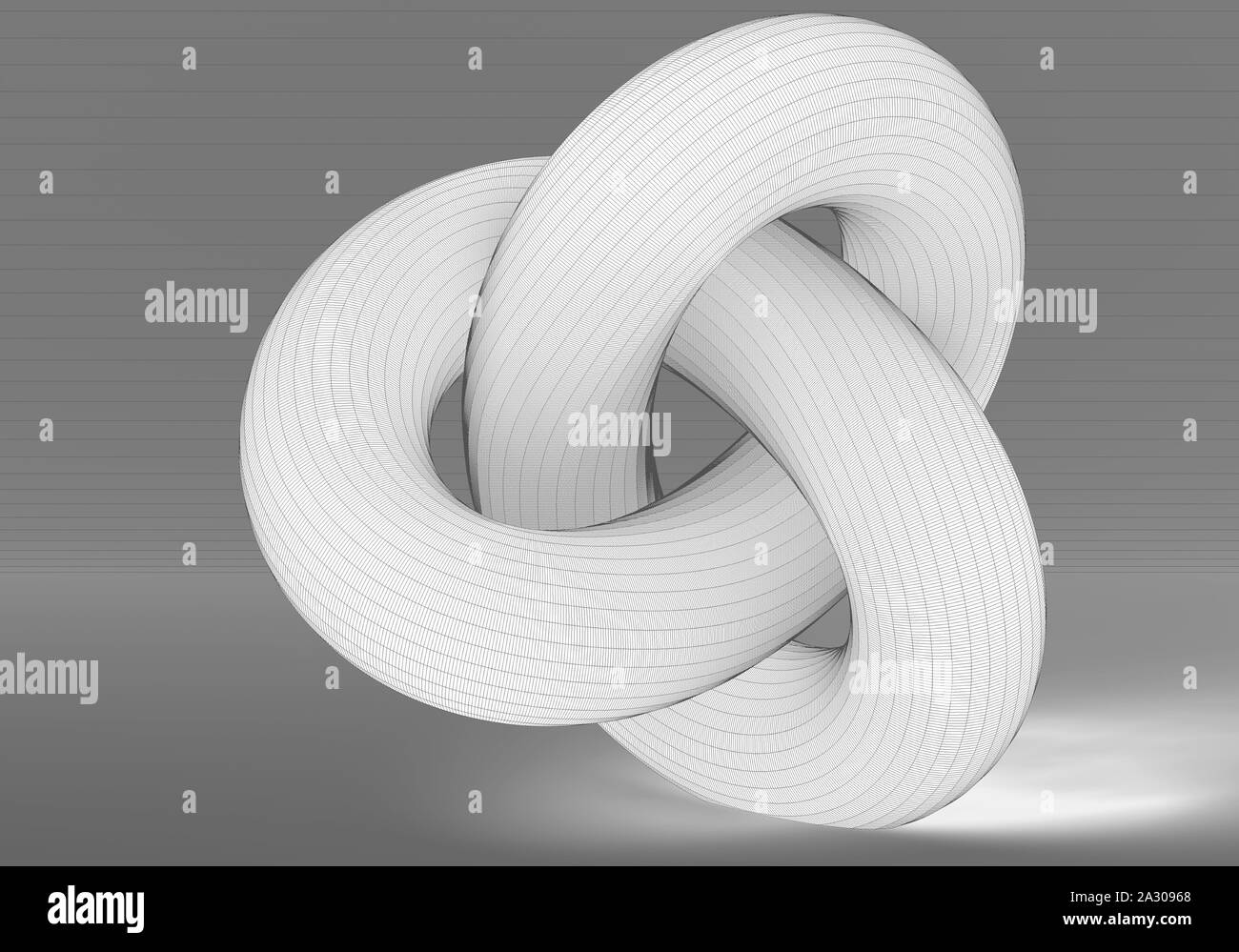 White torus knot with black wire-frame lines, geometrical representation of parametric surface over gray background. 3d rendering illustration Stock Photo