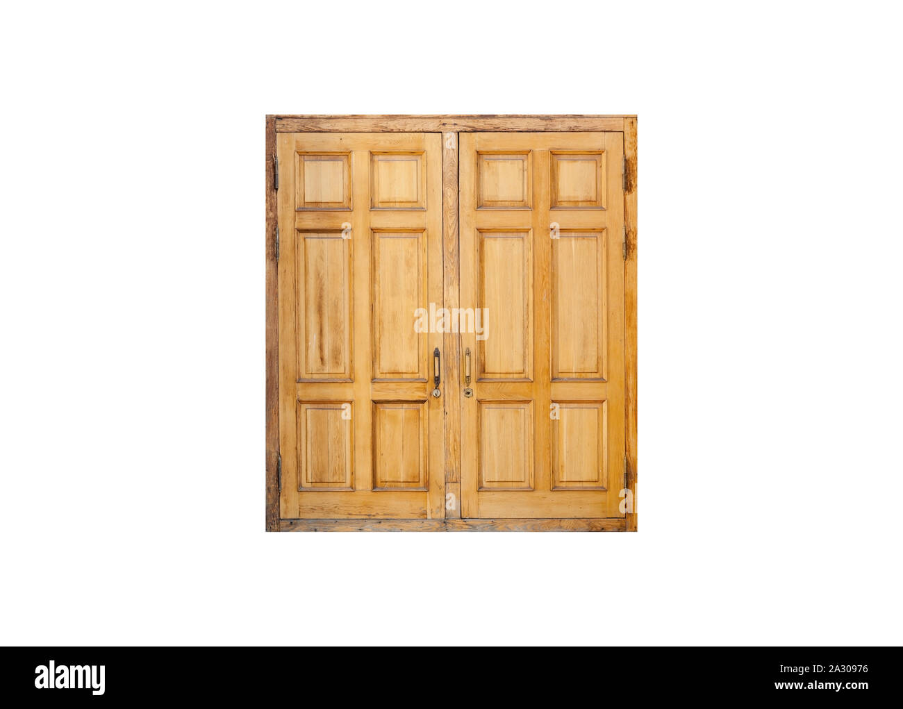 Closed old wooden double door isolated on white background, photo texture,  front view Stock Photo - Alamy, image size:1300x1021