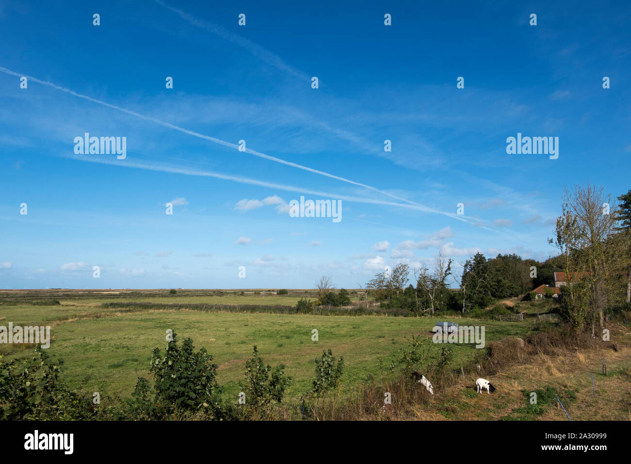 The North Sea across the marshes from Wiveton Hall Farm, Wiveton, North ...