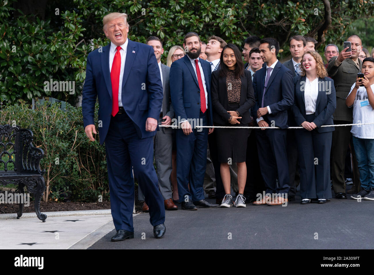 United States President Donald J. Trump returns to the White House in Washington, DC after signing an executive order in The Villages, Florida 'Protecting and Improving Medicare' for senior citizens on Thursday, October 3, 2019.Credit: Chris Kleponis/Pool via CNP /MediaPunch Stock Photo