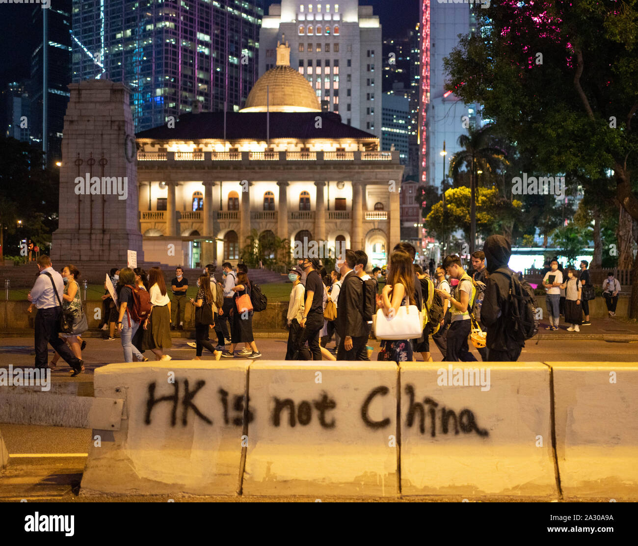 Hong Kong. 4 October 2019. Large gathering of pro- democracy supporters evening in Hong Kong Central District. Protestors angry with Chief Executive Carrie Lam's use of Emergency Powers to ban the wearing of masks during protests. March proceeded peacefully towards Wanchai district.  Iain Masterton/Alamy Live News. Stock Photo