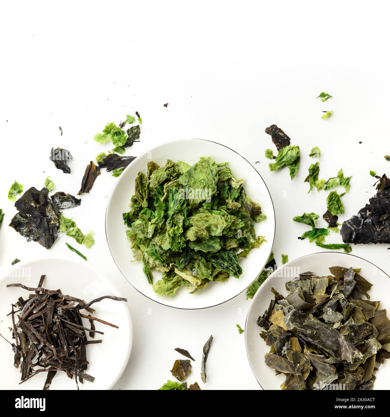 Dry seaweed, sea vegetables, square top shot on a white background with copyspace Stock Photo