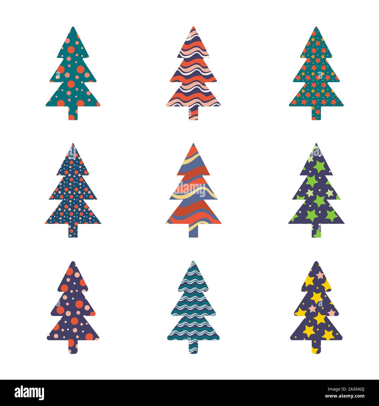 Set of different Christmas tree shapes with seamless patterns inside