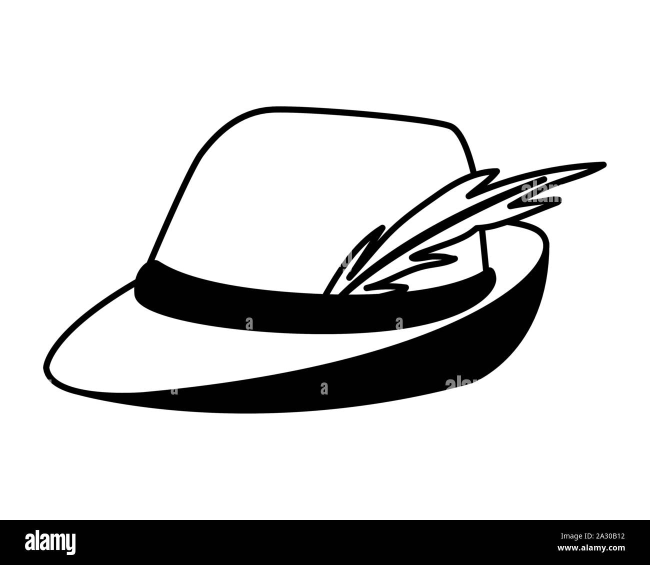 silhouette of german hunting hat with feather on white background