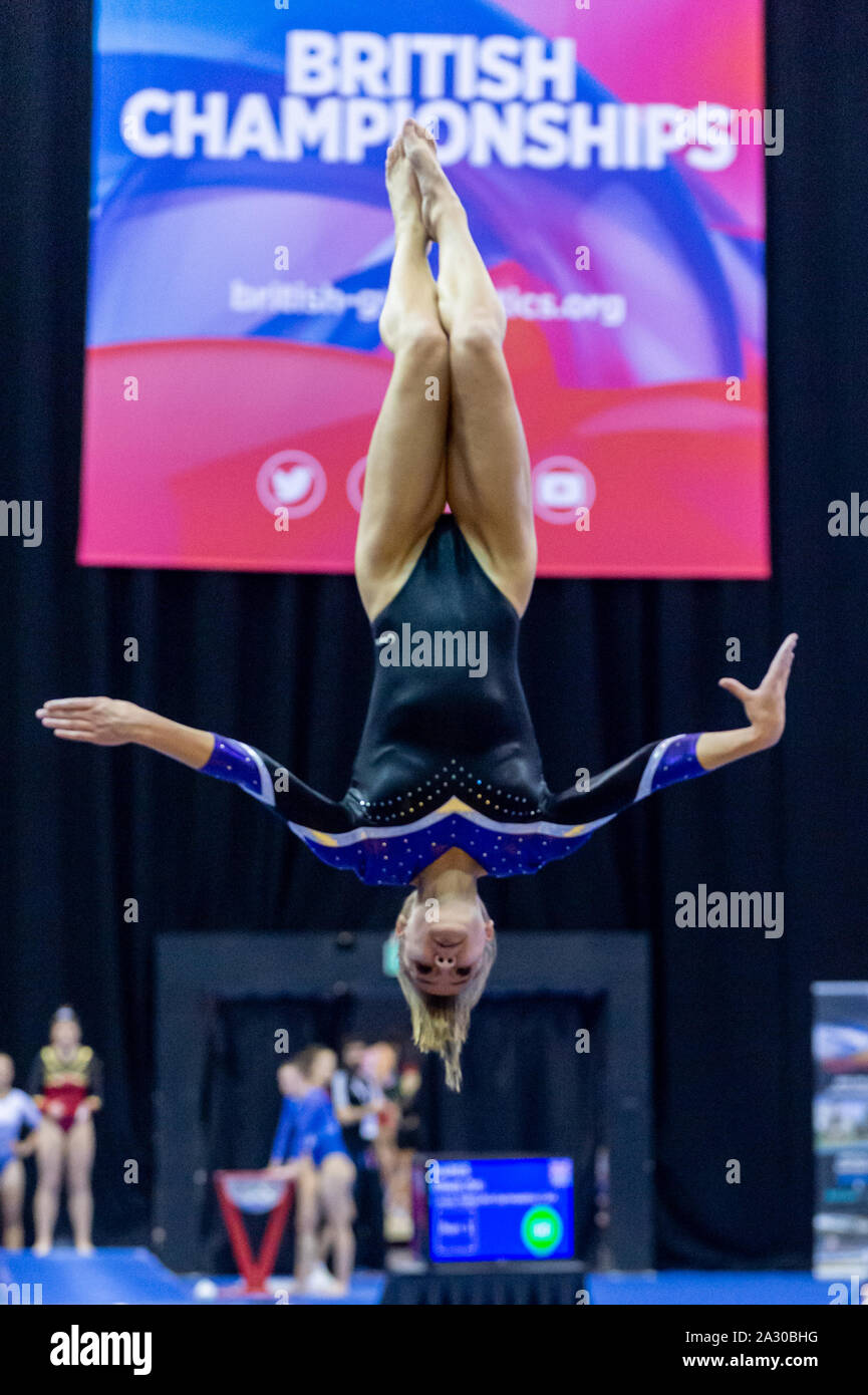 Birmingham, England, UK. 28 September 2019. Aimee Antonious (Andover Gymnastics Club) in action during the Trampoline, Tumbling and DMT British Championship Qualifiers at the Arena Birmingham, Birmingham, UK. Stock Photo