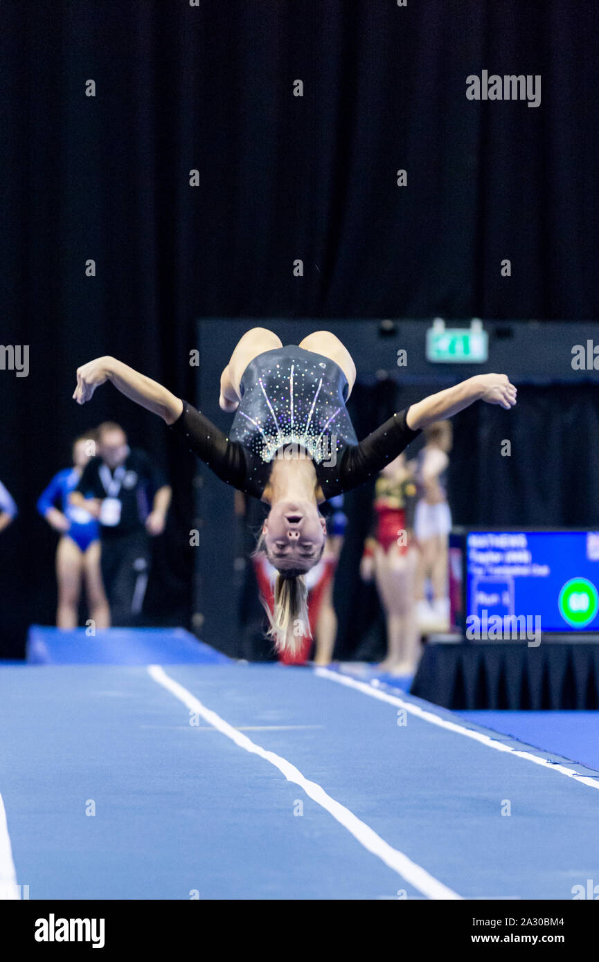 Birmingham, England, UK. 28 September 2019.Megan Kealy (Milton Keynes Gymnastics Club) in action during the Trampoline, Tumbling and DMT British Championship Qualifiers at the Arena Birmingham, Birmingham, UK. Stock Photo