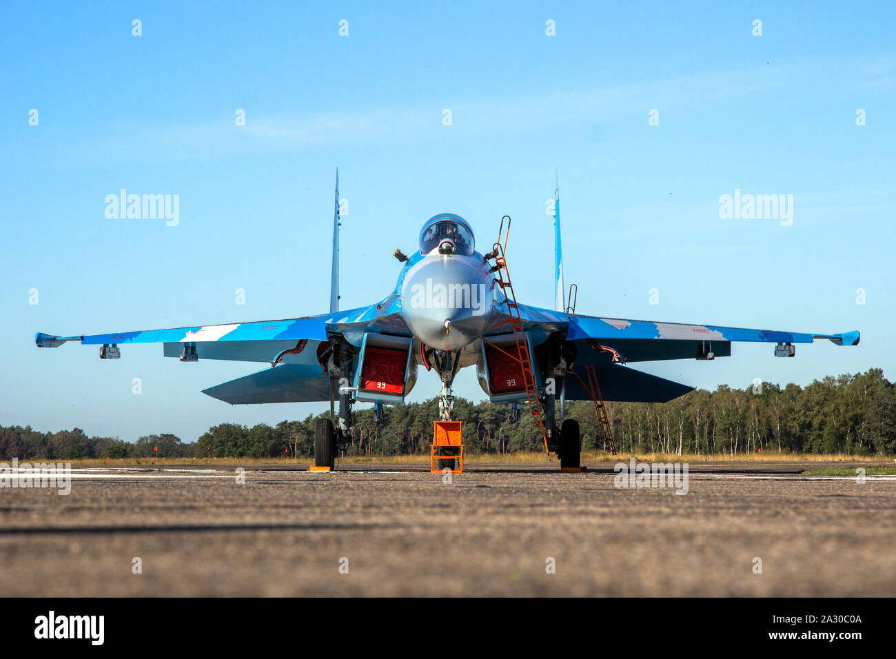 KLEINE BROGEL, BELGIUM - SEP 14, 2019: Ukrainian Air Force Sukhoi Su-27 Flanker fighter jet aircraft on the tarmac of Kleine-Brogel Airbase. Stock Photo