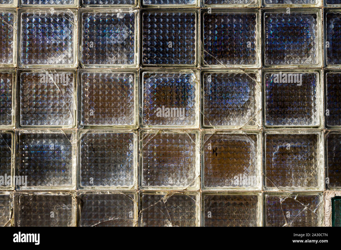 Old glass block wall texture, frosted glass brick wall background Stock