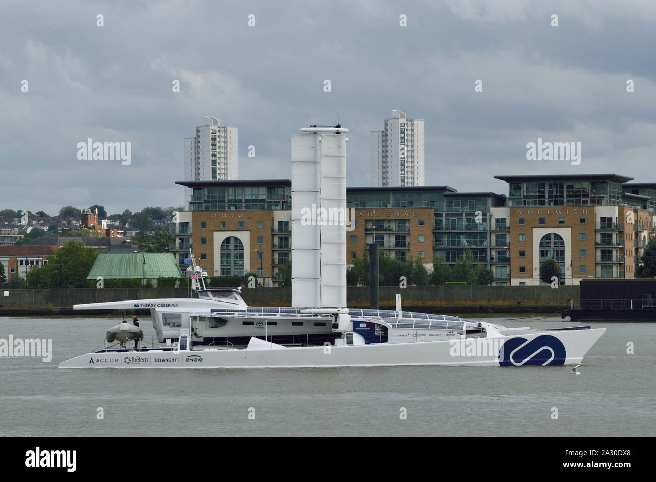 Hydrogen powered vessel Energy Observer arrives on the Thames in London as part of global tour promotion clean technology Stock Photo