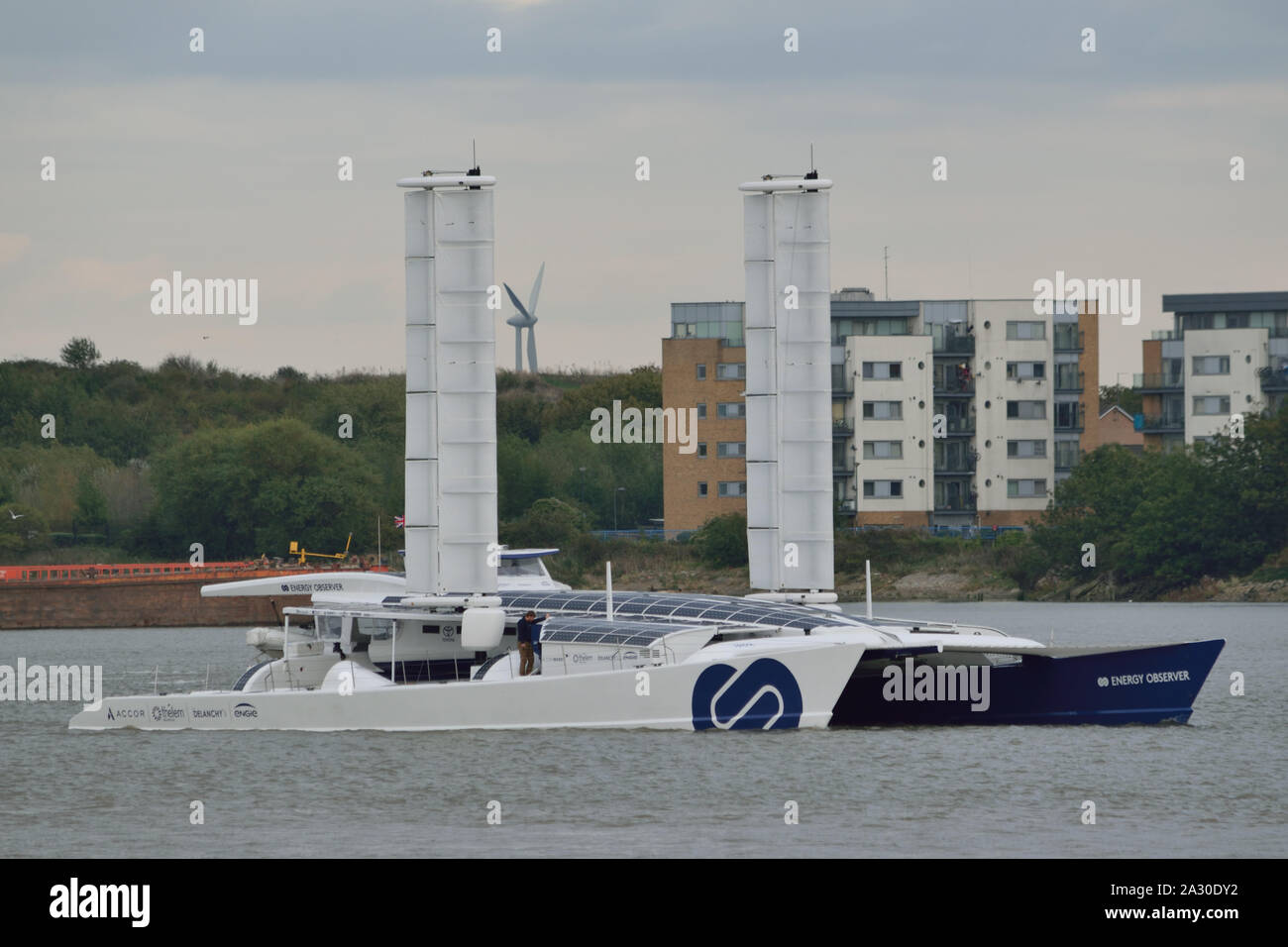 Hydrogen powered vessel Energy Observer arrives on the Thames in London as part of global tour promotion clean technology Stock Photo