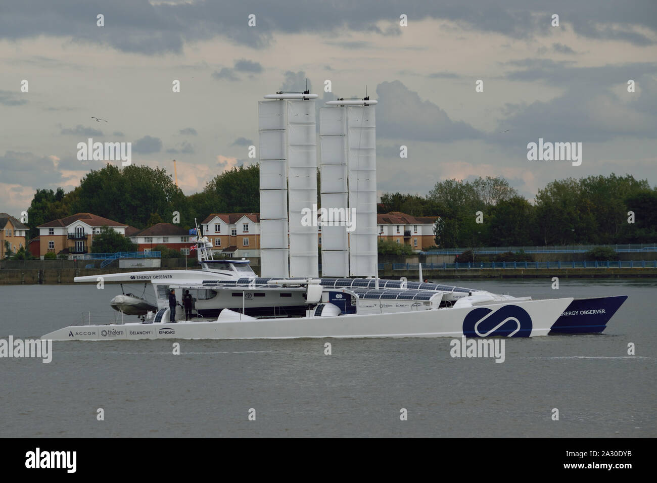 Hydrogen powered vessel Energy Observer arrives on the Thames in London as part of global tour promotion clean technology Stock Photo