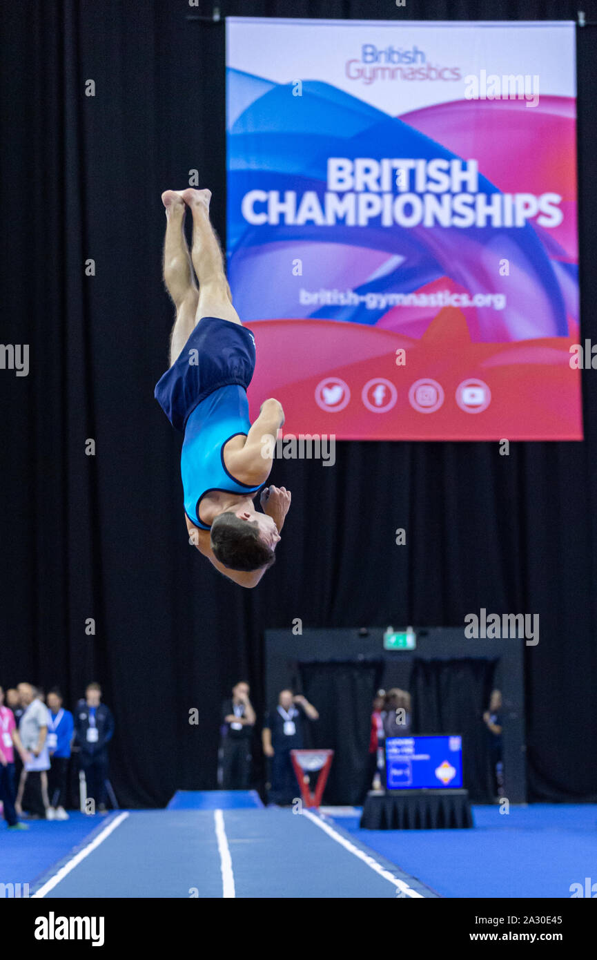 Birmingham, England, UK. 28 September 2019. Andreas Adams (Aberystwyth Gymnastics Club) in action during the Trampoline, Tumbling and DMT British Championship Qualifiers at the Arena Birmingham, Birmingham, UK. Stock Photo