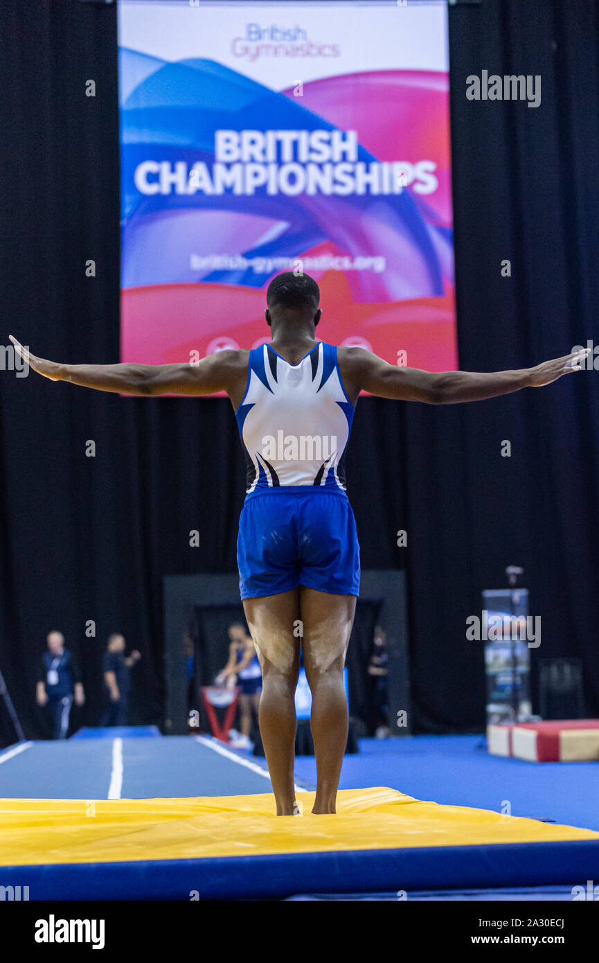 Birmingham, England, UK. 28 September 2019. Dominic Mensah (Pinewood Gymnastics Club) in action during the Trampoline, Tumbling and DMT British Championship Qualifiers at the Arena Birmingham, Birmingham, UK. Stock Photo