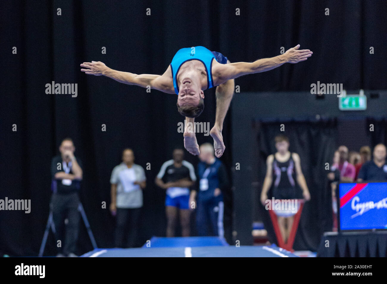 Birmingham, England, UK. 28 September 2019. Andreas Adams (Aberystwyth Gymnastics Club) in action during the Trampoline, Tumbling and DMT British Championship Qualifiers at the Arena Birmingham, Birmingham, UK. Stock Photo