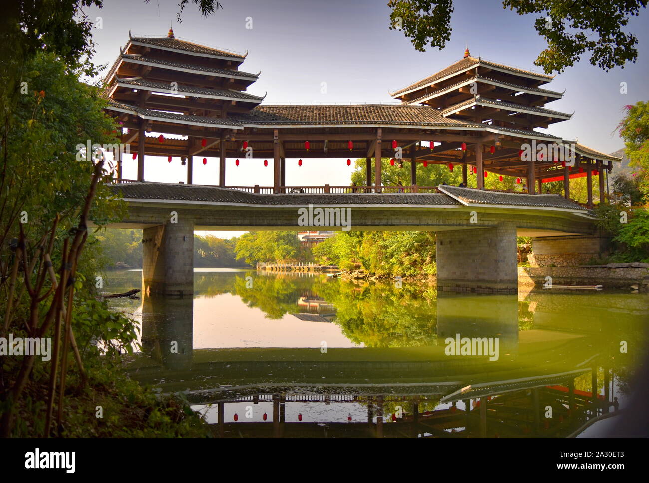 Beautiful Chinese architecture bridge over Guilin river Stock Photo