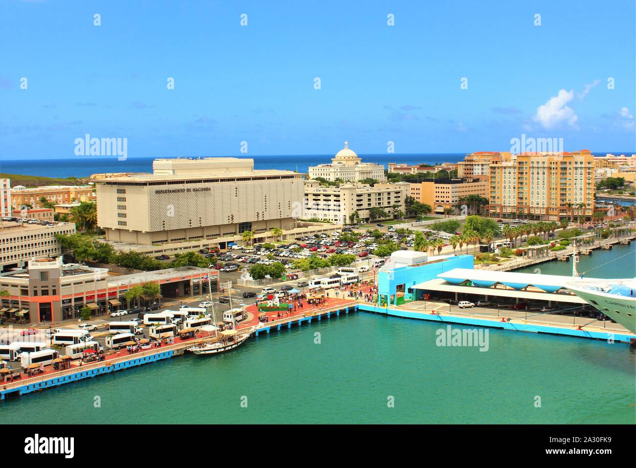 View of San Juan, the capital city of Puerto Rico, taken from the top of a cruise ship docked in port. Stock Photo