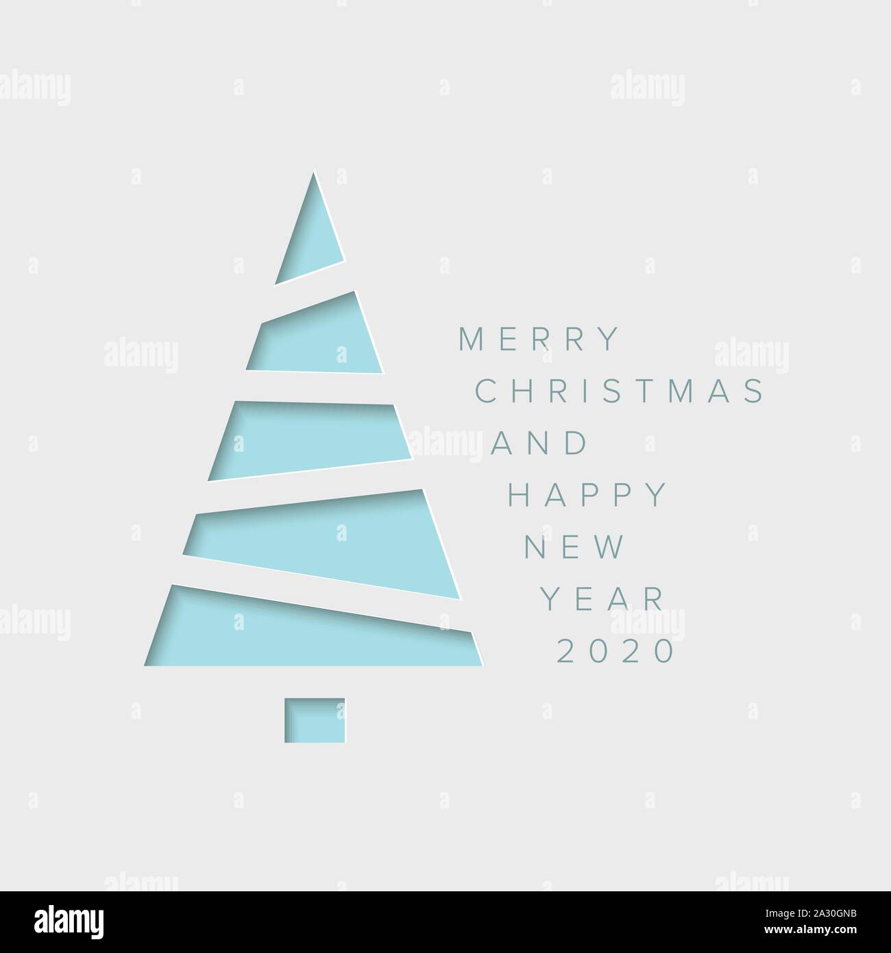 Vector Merry Christmas card with a light blue minimalistic tree cut of ...