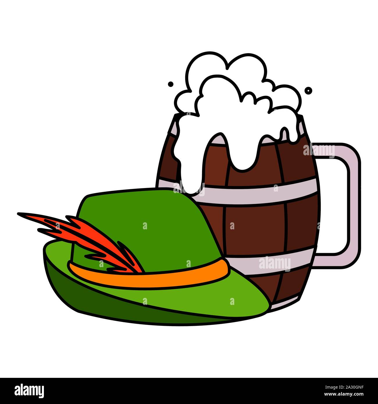 wooden beer mug with german hunting hat in white background vector illustration design Stock