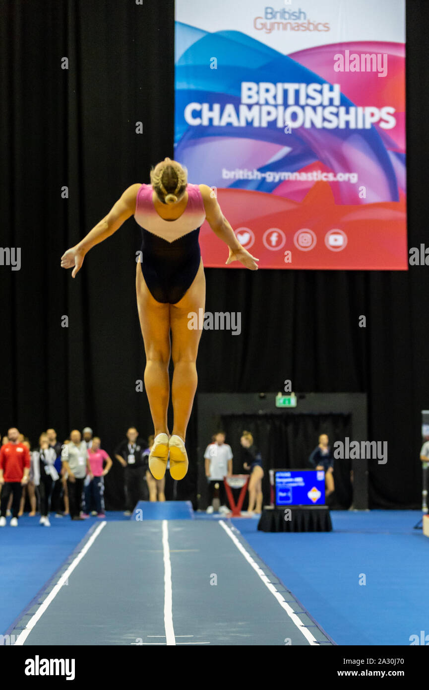 Birmingham, England, UK. 28 September 2019. Amalia Green (Spelthorne Gymnastics Club) in action during the Trampoline, Tumbling and DMT British Championship Qualifiers at the Arena Birmingham, Birmingham, UK. Stock Photo