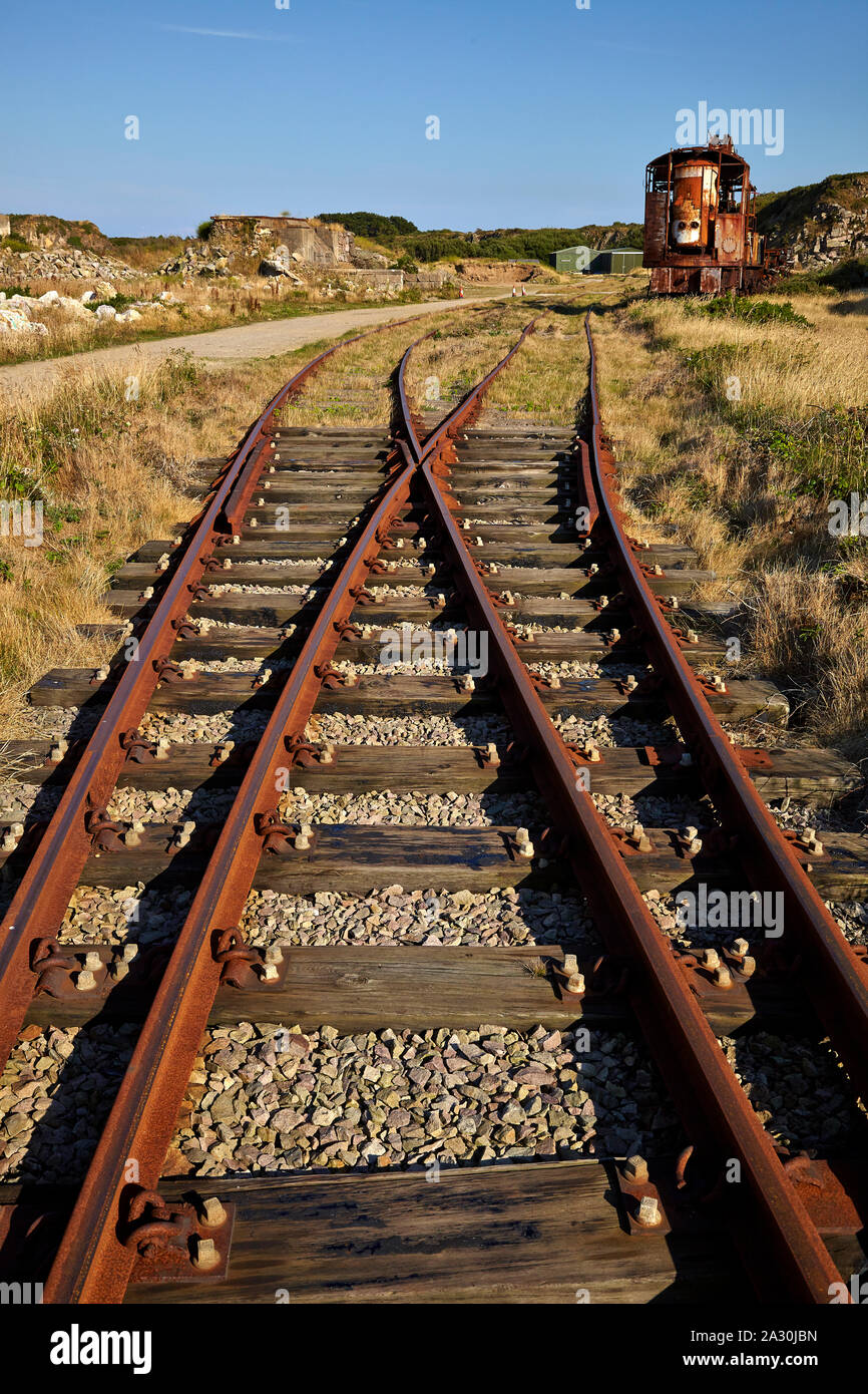 Abandoned and rusty rail track showing switch and crossing Stock Photo