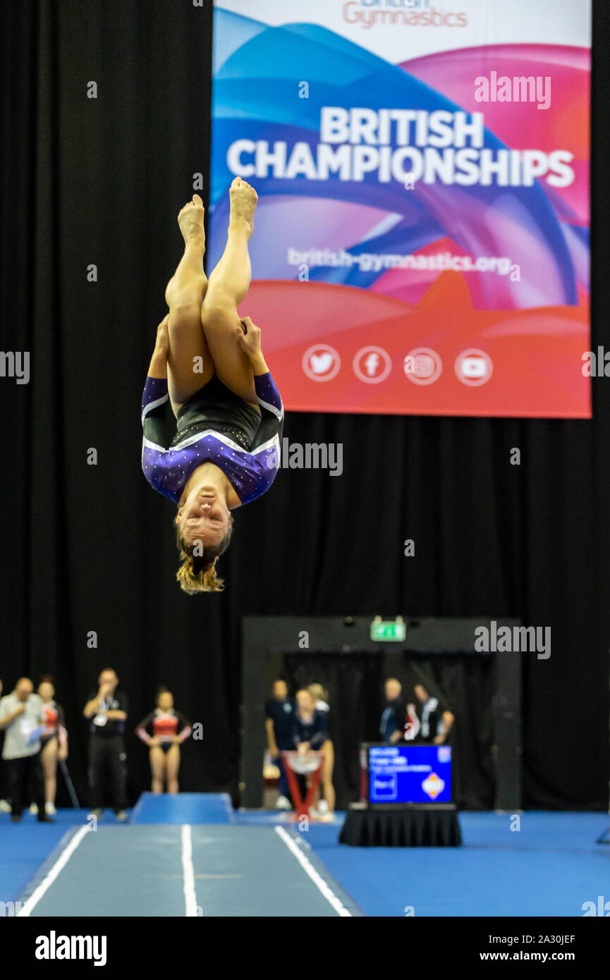 Birmingham, England, UK. 28 September 2019. Libby West (Andover Gymnastics Club) in action during the Trampoline, Tumbling and DMT British Championship Qualifiers at the Arena Birmingham, Birmingham, UK. Stock Photo