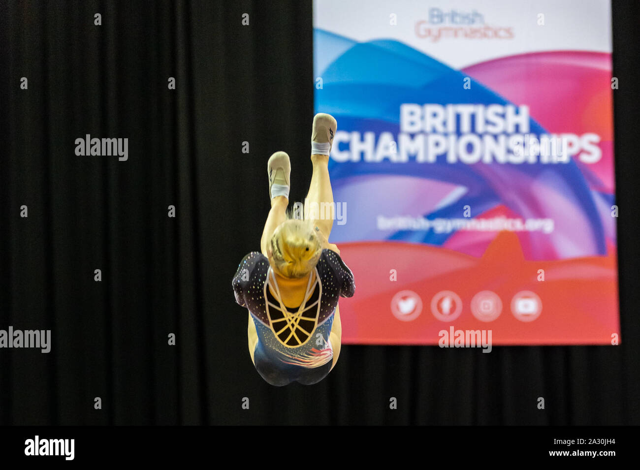 Birmingham, England, UK. 28 September 2019. Ashleigh Owen (Revolution Gymnastics Club) in action during the Trampoline, Tumbling and DMT British Championship Qualifiers at the Arena Birmingham, Birmingham, UK. Stock Photo