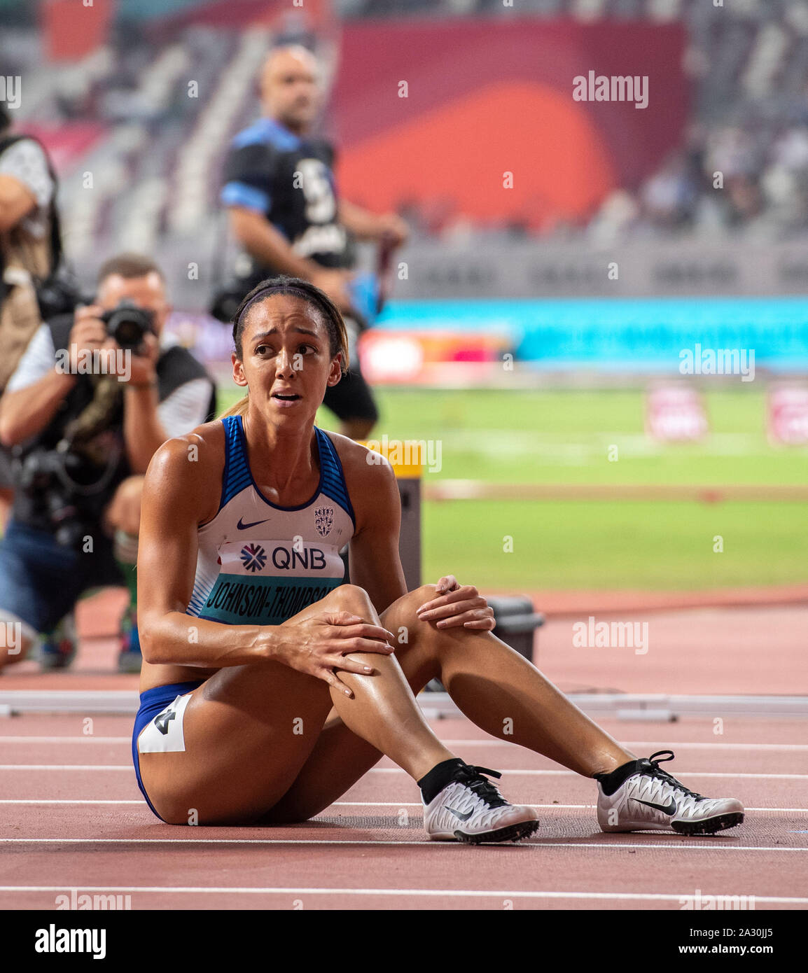 Katarina Johnson -Thompson of Great Britain reacts during the womens 800m- IAAF World Athletics Championships at Khalifa International Stadium in Doha