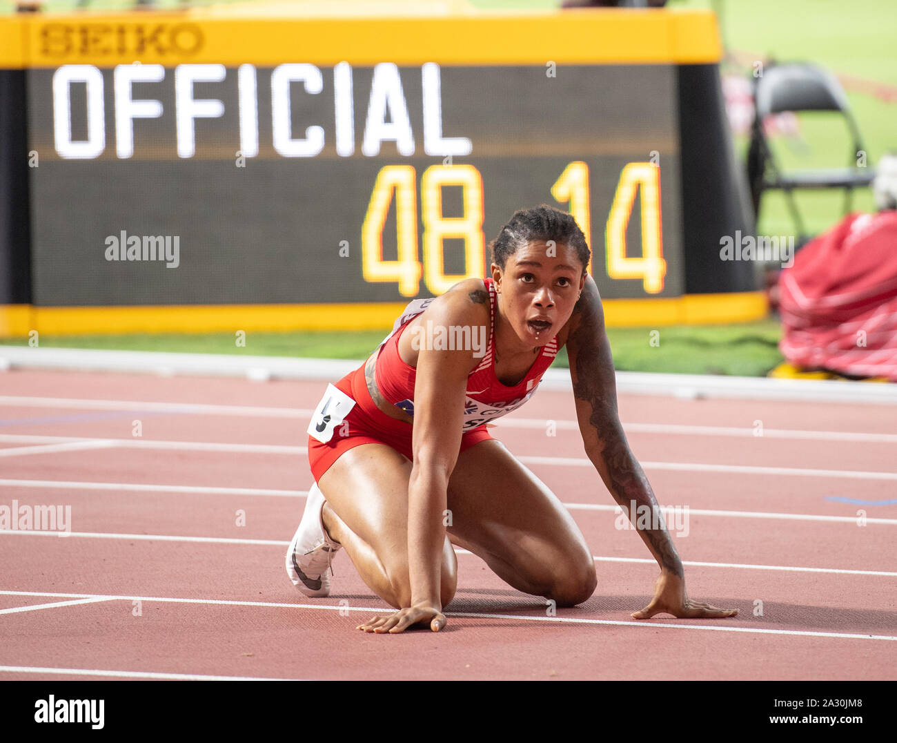 Salwa Eid Naser of Bahrain reacts during the womens 400m-IAAF World Athletics Championships at Khalifa International Stadium in Doha