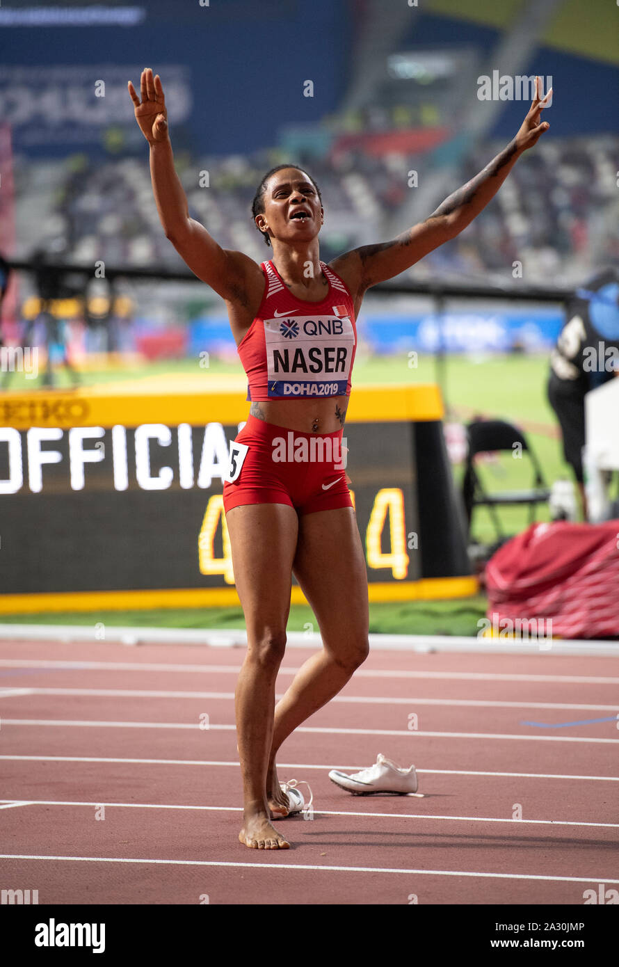 Salwa Eid Naser of Bahrain celebrates during the womens 400m-IAAF World Athletics Championships at Khalifa International Stadium in Doha