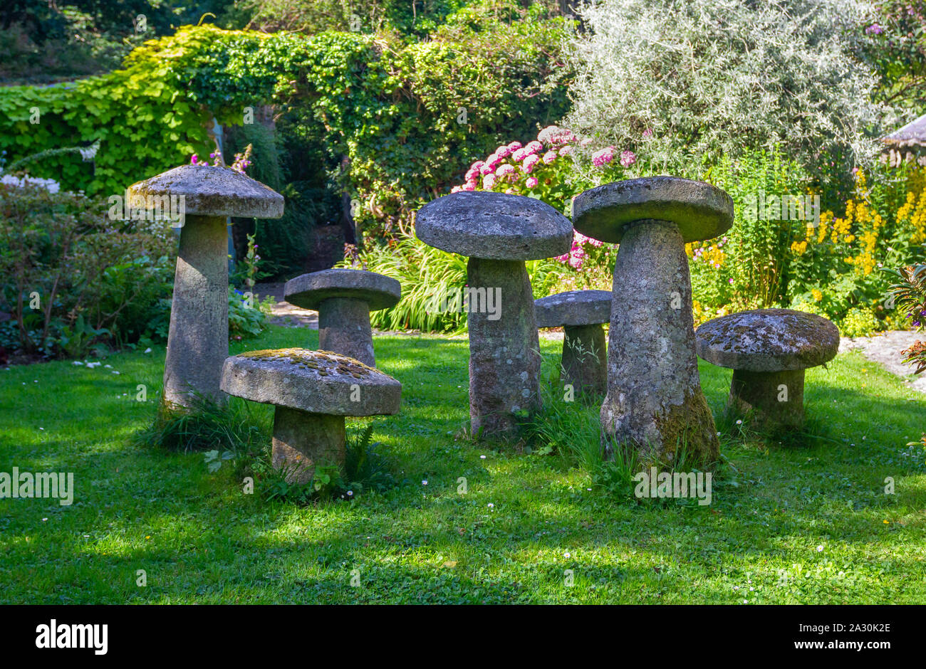 Seven stone staddle stones, ornamental toadstools, in sun lit summer