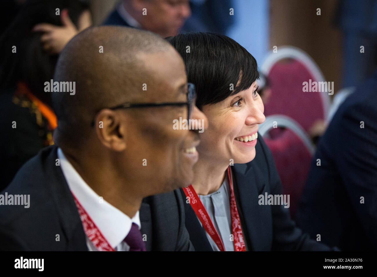 Norwegian Minister of Foreign Affairs Ine Eriksen Søreide at a WTO meeting during the WEF in Davos. Here she is together with the Nigeria Minister of Trade Okechukwu Enelamah. Stock Photo