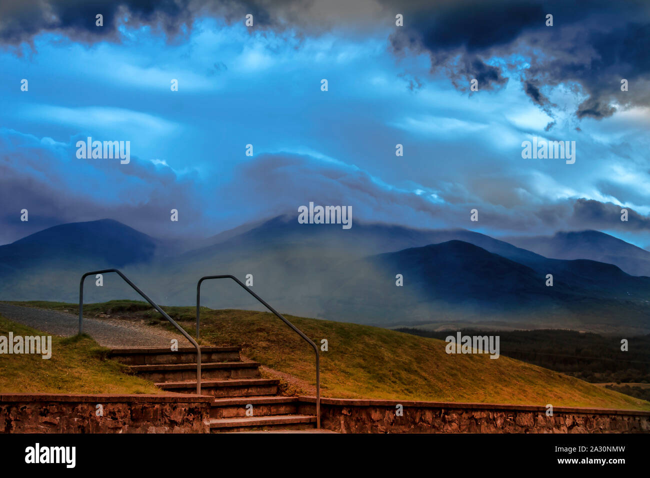 Steps near Commando Memorial with view at Ben Nevis. Spean Bridge near Fort William, Highland, Scotland, UK Stock Photo